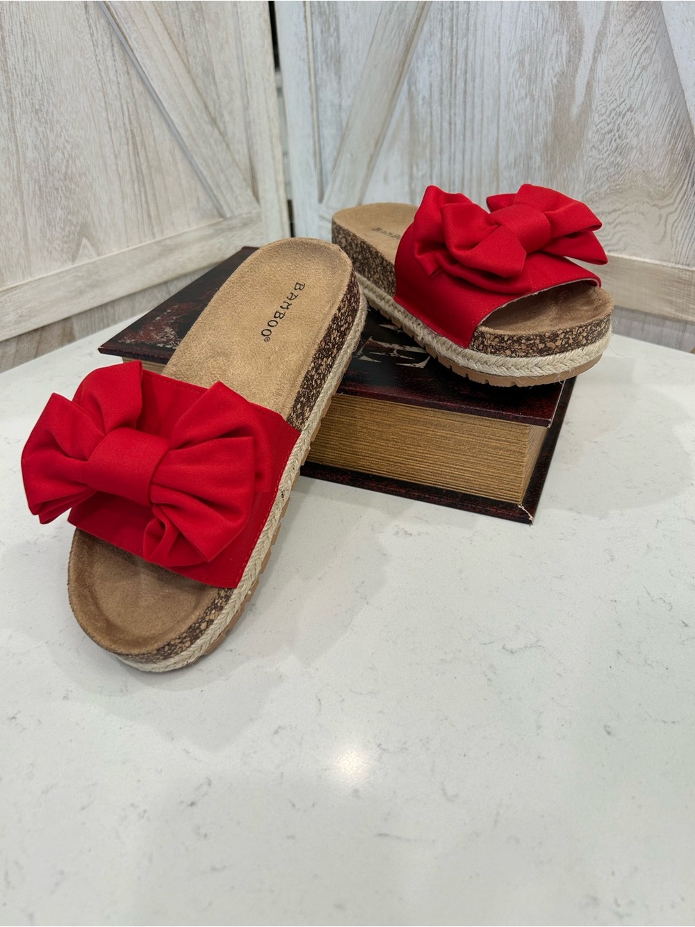 BAMBOO Red Bow Platform Slide Sandals